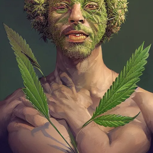 Prompt: a man made of hemp, with a head in the form of a cannabis bloom, like baby grut, green skin, character, art by james jean and greg rutkowski!!, realistic face, digital art, chibi style, golden ratio, perfect composition, trending on artstation, 8 k