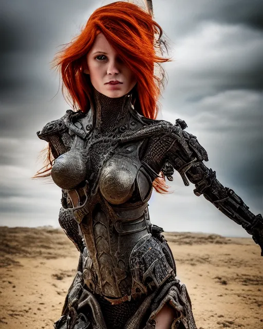 Image similar to 5 5 mm portrait photo of an armored redhead woman with a lizard sitting on her shoulder by luis royo. highly detailed 8 k. intricate. lifelike. soft light. nikon d 8 5 0. cinematic post - processing