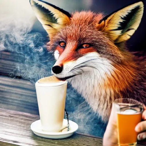 Prompt: a polygamous fox with a hat drinking beer and smoking e - cigarette, stock photo