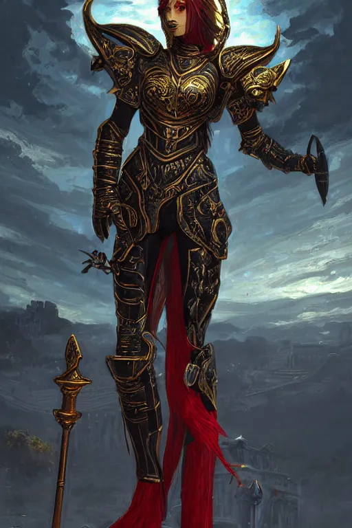 Image similar to portrait knights of Zodiac girl, metallic black and red color reflected armor, in ruin Agora of Athens sunrise, ssci-fi, fantasy, intricate, natural atmosphere, elegant, golden light, highly detailed, digital painting, concept art, smooth, sharp focus, illustration, art by N I X E U and tian zi and WLOP and loish and greg rutkowski