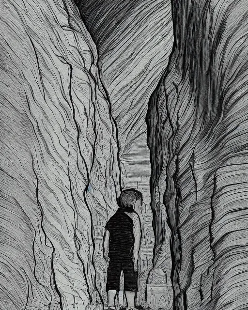 Image similar to a small person standing in the middle of a canyon, illustration