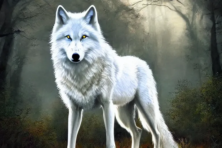 Image similar to white wolf, fantasy, painting, ultra realistic!!!, clear weather, golden hour, sharp focus