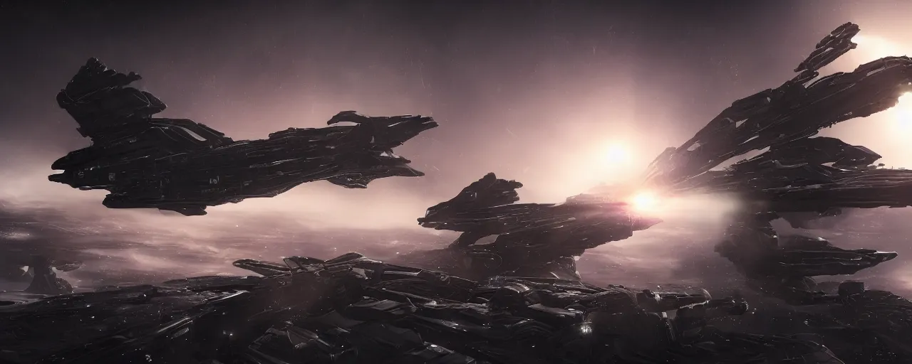 Image similar to dark space opera, epic beautiful space scifi, eve online, highly detailed, chiaroscuro, octane render, majestic, mysterious, double - exposure, light, tones of black in background, sublime, soft lighting, ray tracing global illumination, translucid luminescence, lumen reflections