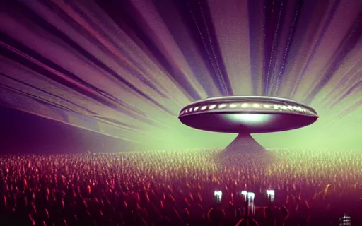 Image similar to photograph of huge mothership UFO flying saucer hovering over a dancing crowd, crowd arms raised, spotlights shining down, atmospheric, hyper realistic, 8k, epic composition, cinematic, photography by Carr Clifton & Galen Rowell, DeviantArt, Flickr