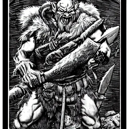 Image similar to orc with axe, full body, dnd, high detail, fantasy, in the style of vintage antique illustration and line drawing or engraving - c 9. 0