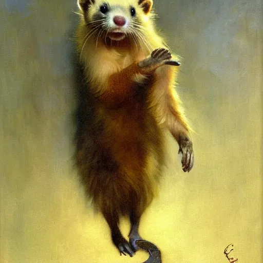 Image similar to a portrait of a furry ferret wearing clothes, hairy, furry body, furry arms, feet, tail. highly detailed painting by gaston bussiere, craig mullins, j. c. leyendecker, furry