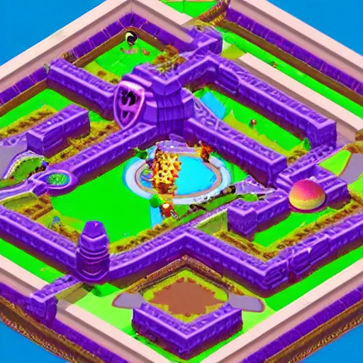 Image similar to isometric aerial view of a new mario kart 64 level, featuring the eye of sauron, helm's deep, and barney the purple dinosaur