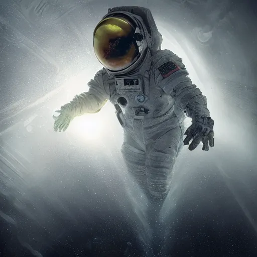 Prompt: concept art by craig mullins astronaut in futuristic dark and empty spaceship underwater. infrared complex and hyperdetailed technical suit. mandelbulb fractal. glowing light! reflection and dispersion materials. rays and dispersion of light. volumetric light. 5 0 mm, f / 3 2. noise film photo. flash photography. interstellar movie art