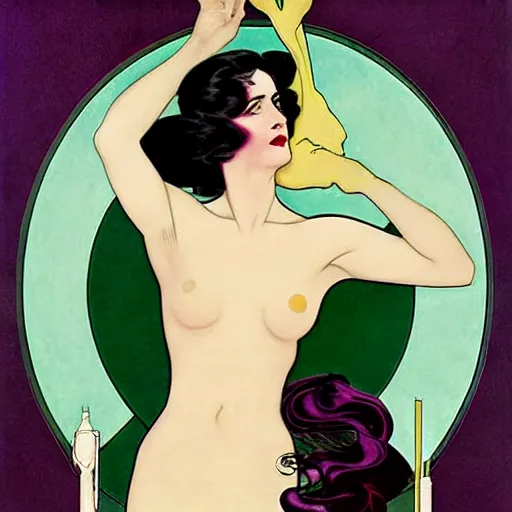 Image similar to Eva Green is Metamorpho, the Element Woman, Art by Coles Phillips, Chalk white skin, deep purple hair, Green eyes, Portrait of the actress, Eva Green as Metamorpho, art deco, Alphonse Mucha, carbon black and antique gold