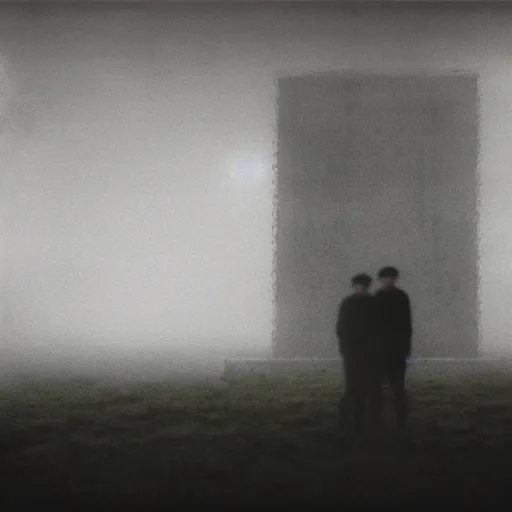 Prompt: portrait of 2 blurry shadowed men standing in a brutalist berlin landscape in mist and fog, cinematic magic hour, damaged collodion photo, glitchcore