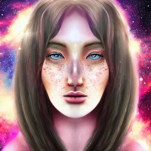 Image similar to beautiful digital painting of woman with freckles and hair made of galaxy nebula, by bearbrickjia, symmetry, realistic facial feature, artstation, artgerm