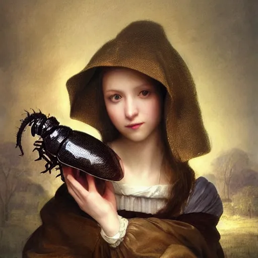 Prompt: A masterpiece portrait of a Incredibly beautiful maid barique renaissance swamp nun girl holding very beautiful big shiny king beetle. hunting on deer with russian greyhound medium shot, intricate, elegant, highly detailed. trending on artstation, digital art, by Stanley Artgerm Lau, WLOP, Rossdraws, James Jean, Andrei Riabovitchev, Marc Simonetti, Yoshitaka Amano. background by James Jean and Gustav Klimt, light by Julie Bell, 4k, porcelain skin.