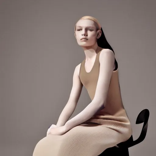 Prompt: close up of face of female fashion model sitting on chair, beige colors, official jil sander editorial