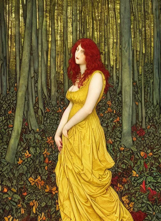 Prompt: masterpiece beautiful seductive curvy sexy pose preraphaelite portrait photography, straight bangs, yellow ochre ornate medieval dress, in a mushroom forest, william morris and kilian eng and mucha, framed, 4 k