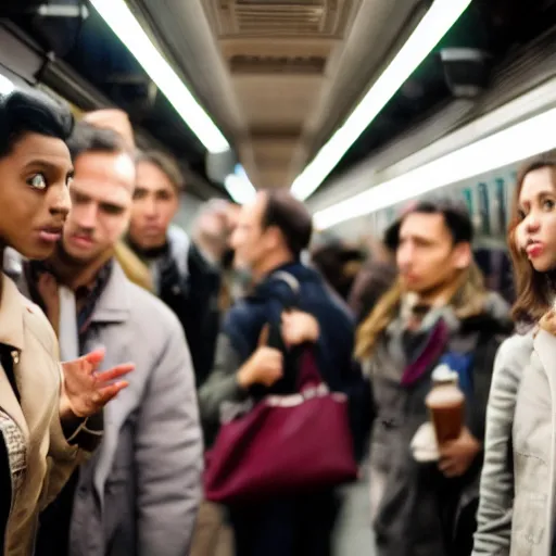 Prompt: A group of friends talking while standing in the crowded New York metro, cinematic, 4k, thriller