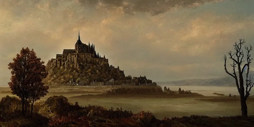 Prompt: masterpiece oil painting portraying mont saint michel in the style of romanticism landscape painters with a tree on the foreground,beautiful,misty,evocative