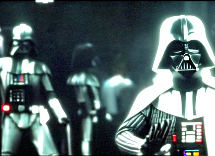 Image similar to film still of Darth Vader dancing as Tony Manero in Staying Alive 1983,