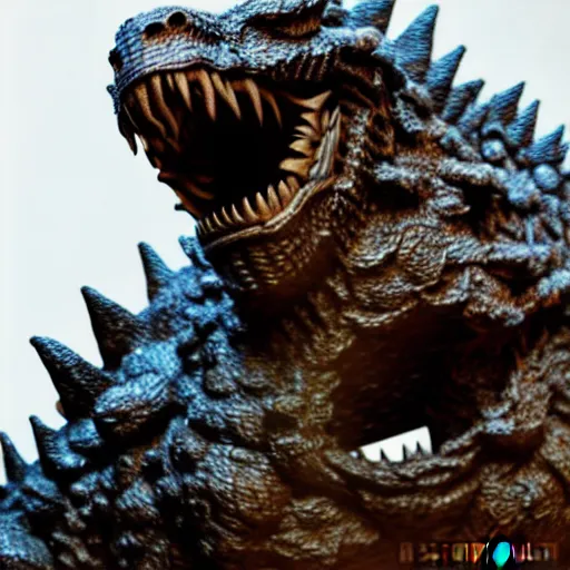 Image similar to Godzilla made out of rusty metal gear, we can also see wires, photorealistic, studio lighting, bokeh