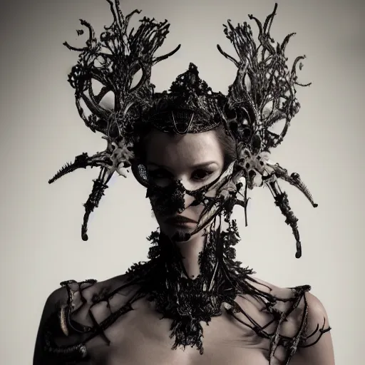 Image similar to a female harkonen model by stefan geselle and nekro borja, photorealistic, biomechanical, lace, intricate details, hyper realistic, ornate headpiece, photorealistic, canon r 3, photography, wide shot, photography, dark beauty, symmetrical features