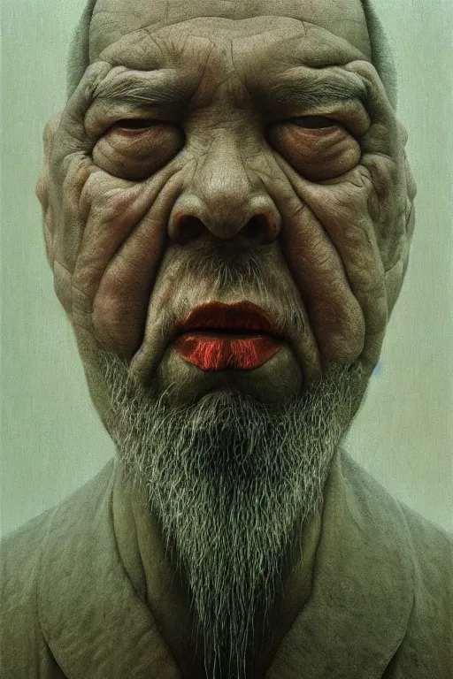 Image similar to ascii, hyperrealism oil painting, portrait scary ai weiwei style zdzislaw beksinski