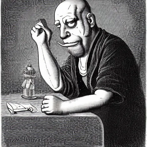 Prompt: illustration of Homer Simpson by Gustave Doré