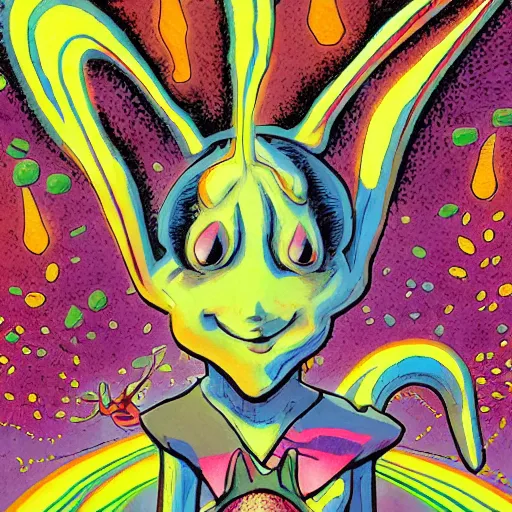 Image similar to 4 k headshot portrait of a psychedelic demonic anthropomorphic bunny rabbit with mushroom themed clothes, magic mushroom village in background by jeff easley, award winning, stylized neon, post - processing, masterpiece, superb resolution. in the art style of junji ito and greg rutkowski. detailed mushroom city in background. hyper realistic anime. perfect art. dalle 2