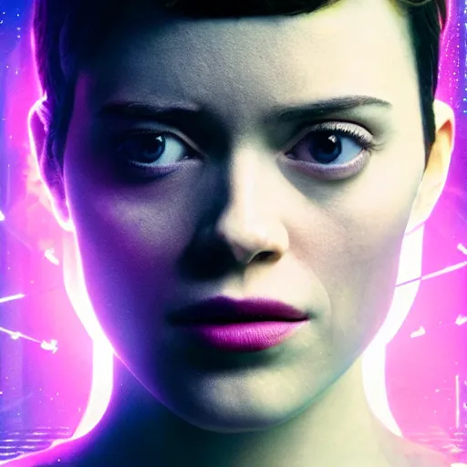 Image similar to film still of Black Mirror Episode about an Artificial Intelligence that becomes Sentient , VFX, 2022, 40mm lens, shallow depth of field