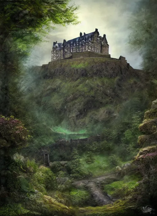 Image similar to a beautiful digital graphics design portrait of Edinburgh castle overgrown with plants, caledonian forest, matte painting, fantasy art, highly detailed