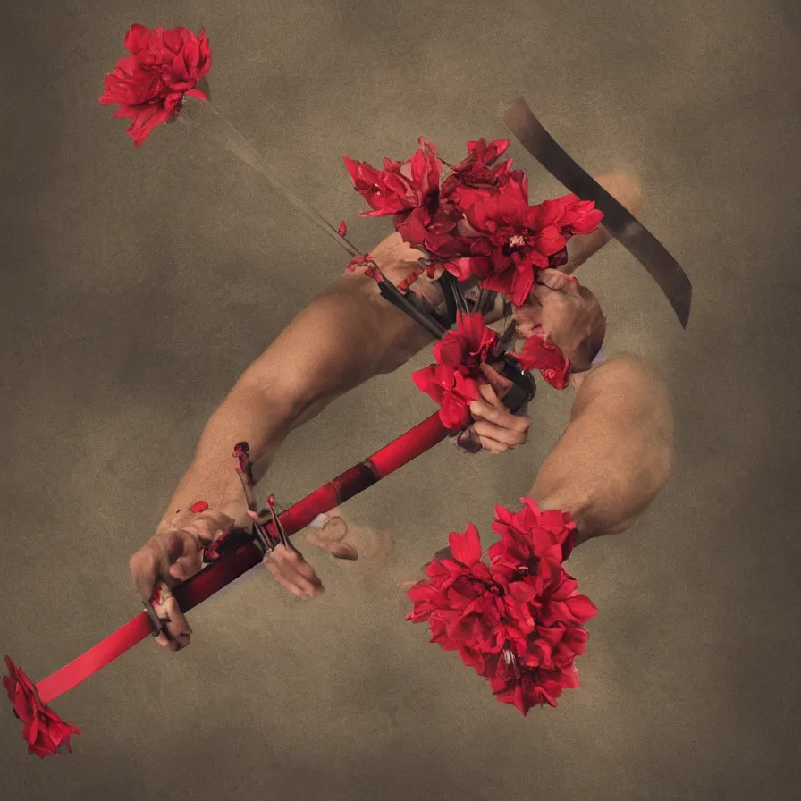 Image similar to a katana, human hands, red flower, rain, 4-dimensional stage, agony, pleasure