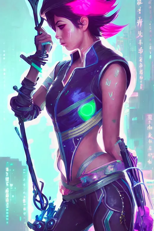 Image similar to fiora from league of legends, cyberpunk futuristic neon. fencing, long sword in her hand, decorated with traditional japanese ornaments by ismail inceoglu dragan bibin hans thoma greg rutkowski alexandros pyromallis nekro rene maritte illustrated, perfect face, fine details, realistic shaded, fine - face, pretty face, masterpiece