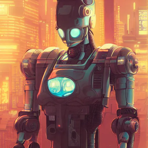 Image similar to cyberpunk robot in future japan at night, concept art, fine details, studio ghibli, cinematic lighting, ghost-in-the-shell, cyberpunk,sci-fi, fantasy, intricate, elegant, highly detailed, digital painting, trending on artstation, concept art, smooth, sharp focus, illustration, by james gurney and greg rutkowski