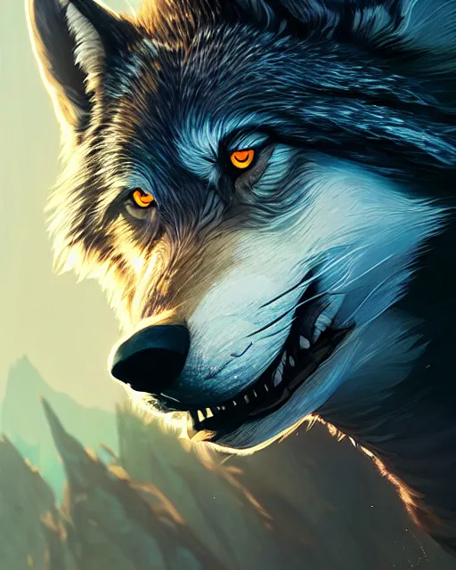 Image similar to highly detailed vfx portrait of a ferocious wolf, stephen bliss, unreal engine, greg rutkowski, loish, rhads, beeple, makoto shinkai and lois van baarle, ilya kuvshinov, rossdraws, tom bagshaw, alphonse mucha, global illumination, detailed and intricate environment