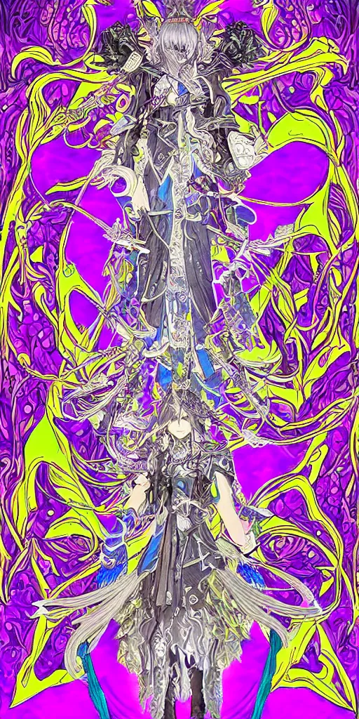 Prompt: a mage from final fantasy 14, intricate, amazing line work, cosmic, psychedelic, cheerful, colorful