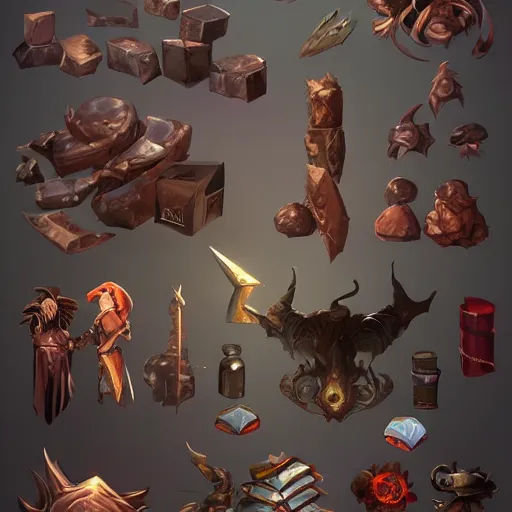 Prompt: set of magic RPG items , game asset of six different magic items and rpg items by Stanley Artgerm Lau, game pack, assets, WLOP, Rossdraws, James Jean, Andrei Riabovitchev, Marc Simonetti, and Sakimichan, trending on artstation , assets, HD , strong contrast