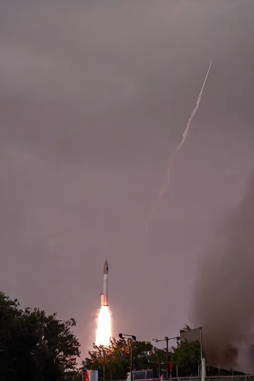 Prompt: photograph of a 2 0 2 0 s era rocket launching and leaving huge plumes of smoke, large crowds of people watching in astonishment, cinematic, night, rain