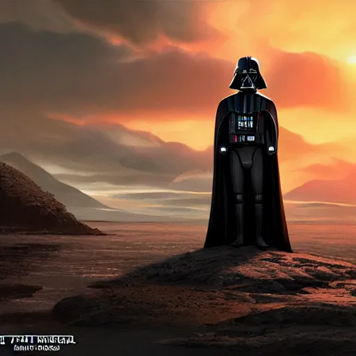 Image similar to darth vader standing still looking at the sunset concept art by doug chiang cinematic, realistic painting, high definition, concept art, portait image, path tracing, high quality, highly detailed, 8 k, red colors, high coherence, anatomically correct, hyperrealistic, concept art, defined face, five fingers, symmetrical
