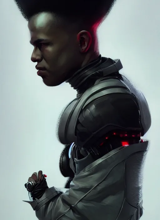 Image similar to portrait of a young black man with a mohawk and a solid black pupils, wearing futuristic techwear highly detailed, digital painting, artstation, concept art, smooth, sharp focus, illustration, art by wlop, uang guangjian and gil elvgren and sachin teng and greg rutkowski