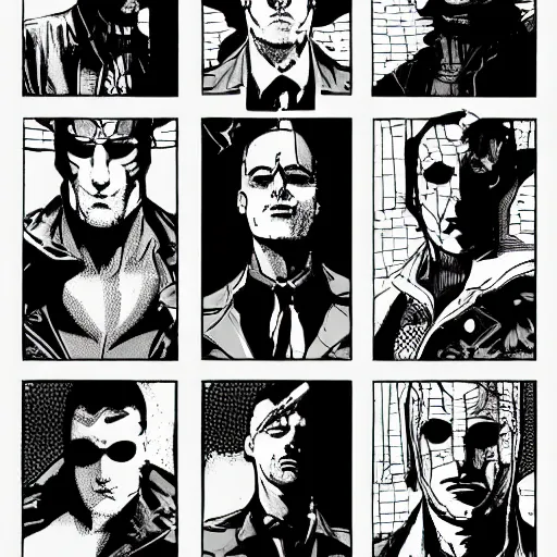 Prompt: Watchmen characters in the artstyle of Sean Murphy's art, Dr. Manhattan, Nite-Owl, Rorschach, Silk Spectre, The Comedian, Ozymandias, Sean Murphy, Sean Murphy artstyle, vibrant