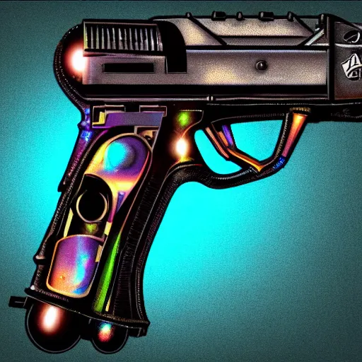 Image similar to unstable exotic matter powered sci - fi ray - gun concept, well defined mechanical features, triadic chrome shading, iridescent liquid energy tank, dark background, softglow, sharp focus, full device, vintage style, charcoal and champagne