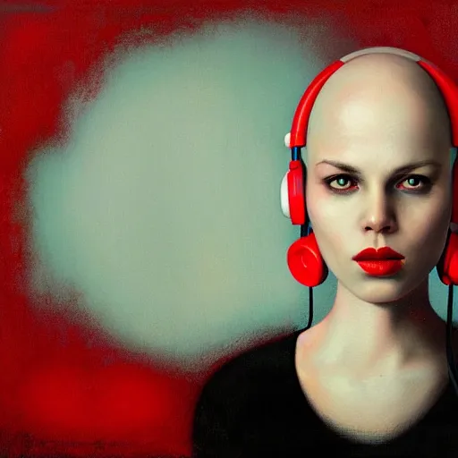 Image similar to portrait of a bald woman with red headphones, staring at you, black background, curious eyes, by Anato Finnstark, Tom Bagshaw, Brom