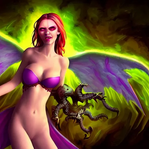 Image similar to Beautiful pale laughing succubus with wings and devil's horns, bikini clothes, violet lighting, masterpiece, in hearthstone art style, epic fantasy style art, fantasy epic digital art, epic fantasy card game art
