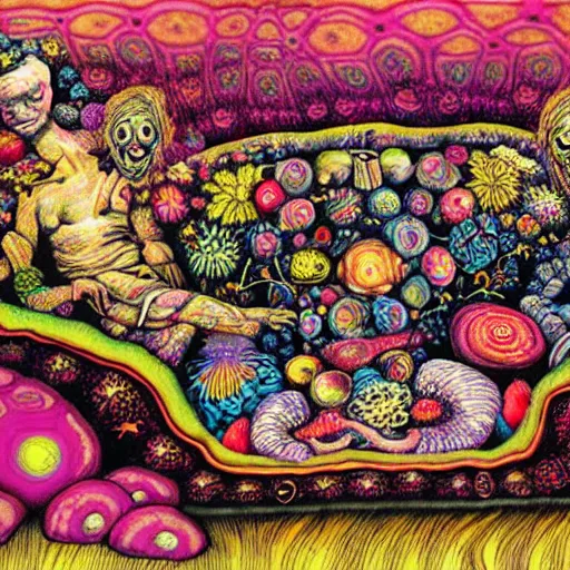 Image similar to psychedelic trippy couch in forest, planets, flowers, mushrooms milky way, sofa, cartoon by giuseppe arcimboldo