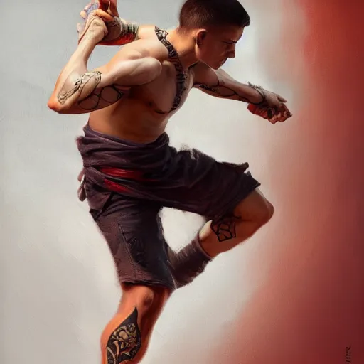 Image similar to A detailed matte oil on canvas painting of a young white male martial artist monk, orchid arm tattoos by greg rutkowski, trending on artstationhd, dungeons and dragons art