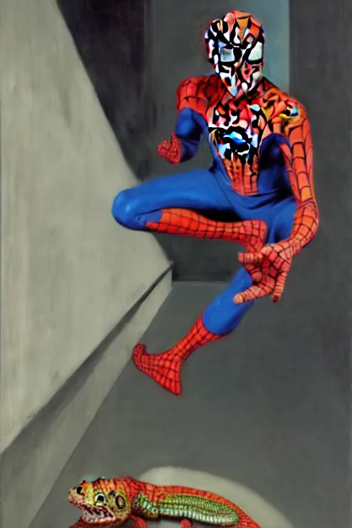 Prompt: man in spider man costume, lizard in costume astronaut, hauntingly surreal, highly detailed painting by francis bacon, edward hopper, adrian ghenie, gerhard richter, and james jean soft light 4 k,