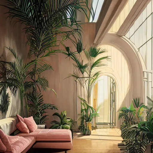 Image similar to indoor liminal space, golden light, greg rutkowski, palm trees, pink door, minimalistic, hyperrealistic surrealism, award winning masterpiece with incredible details, epic stunning, infinity pool mirrors, a surreal vaporwave liminal space with mirrors, highly detailed, trending on artstation, artgerm and greg rutkowski and alphonse mucha, daily deviation