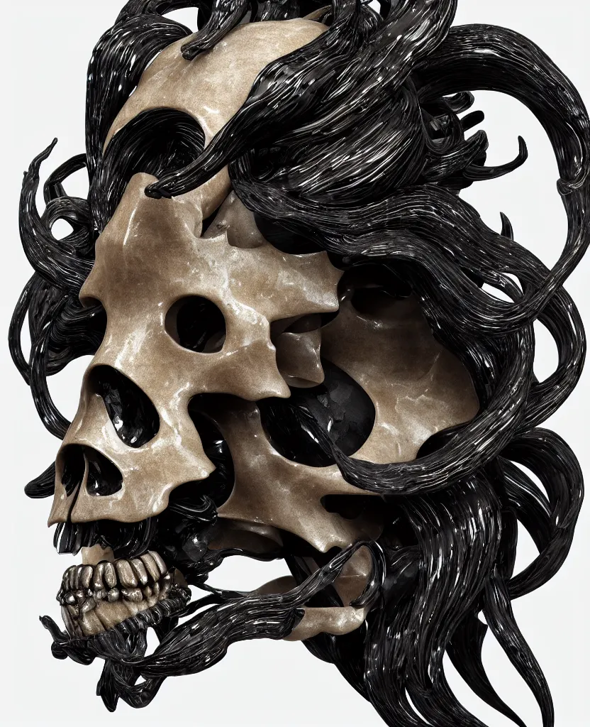 Image similar to goddess princess face close-up portrait ram skull. sculpture made of black stone with elements made of polished gold. jellyfish phoenix head, nautilus, orchid, skull, betta fish, bioluminiscent creatures, intricate artwork by Tooth Wu and wlop and beeple. octane render, trending on artstation, greg rutkowski very coherent symmetrical artwork. cinematic, hyper realism, high detail, octane render, 8k