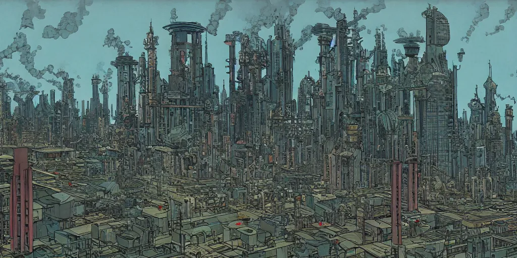 Prompt: sprawling Atompunk city with spouts of steam, by Moebius