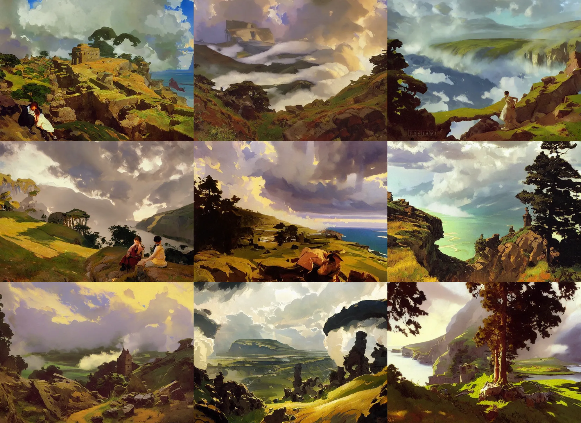 Prompt: painting by sargent and leyendecker and greg hildebrandt savrasov levitan polenov, studio ghibly style mononoke, huge old ruins, middle earth above the layered low clouds road between forests trees sunrise morning sea bay view faroe azores overcast storm masterpiece