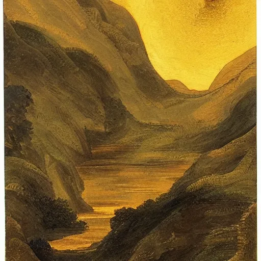 Image similar to Golden sun pouring honey into a golden river in a lush mountainous landscape. In the style of Michelangelo