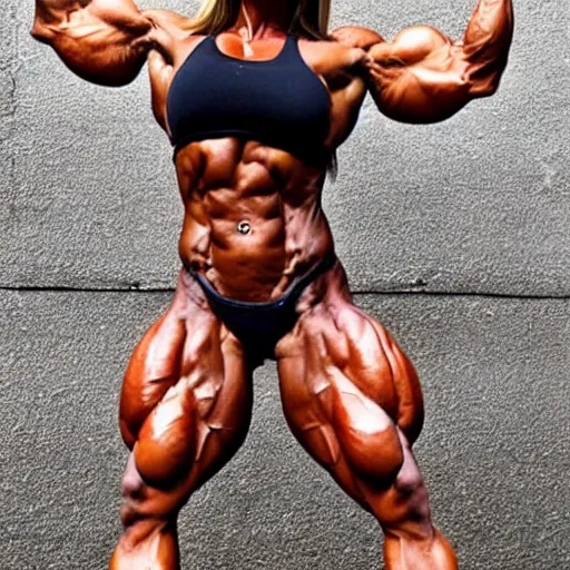Prompt: woman bodybuilder on steroids, huge muscles, very tan, screaming and flexing